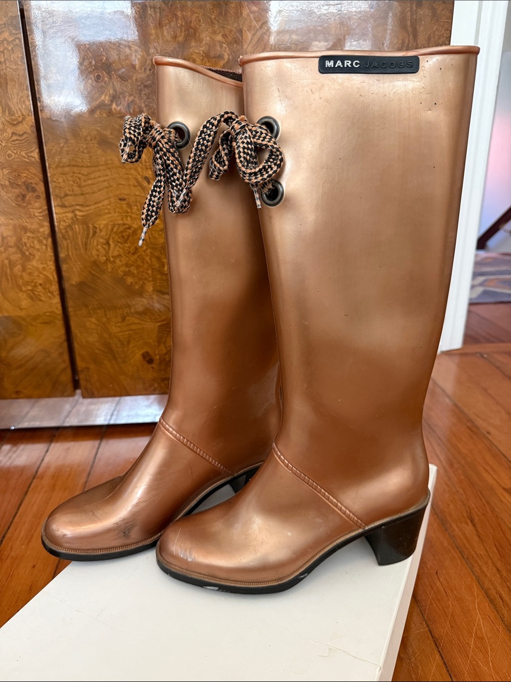 Marc Jacobs Copper Metallic Knee-High Rain Boots with Lace Cuff